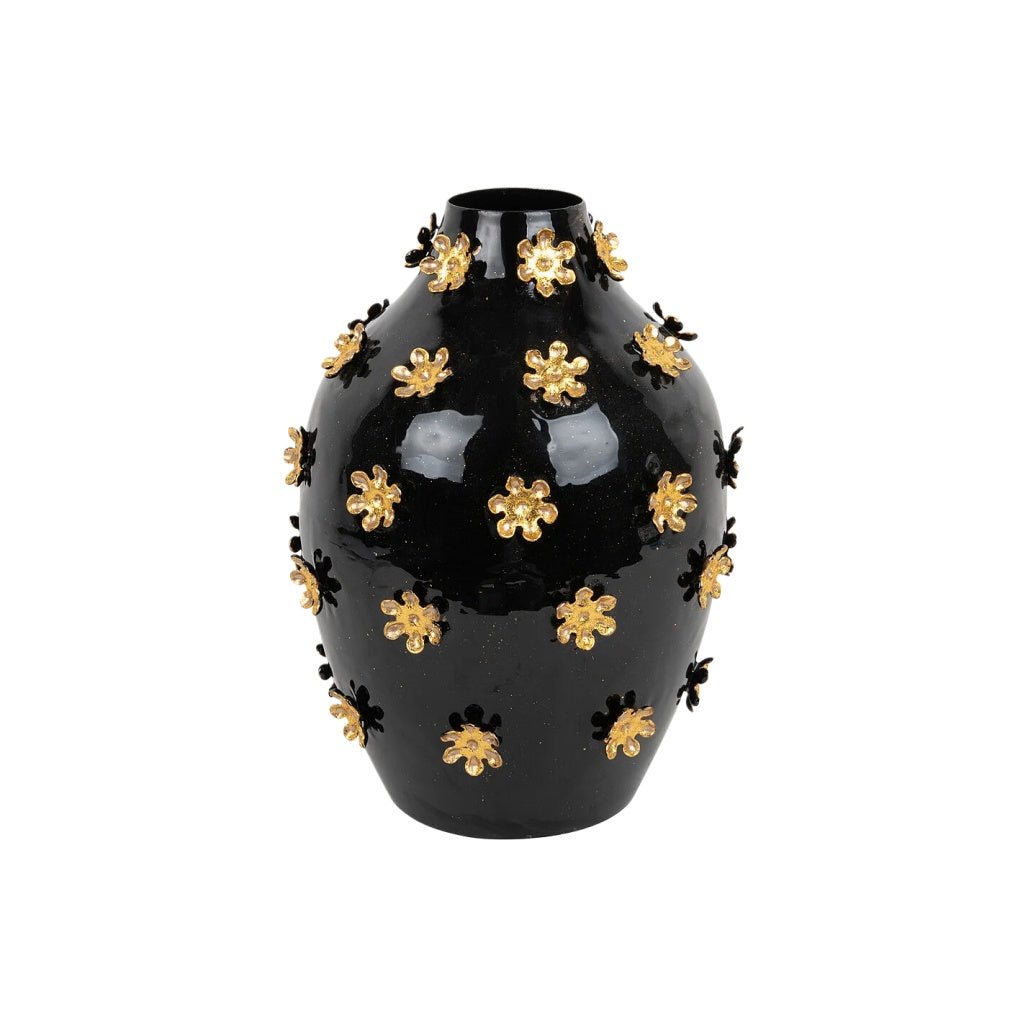 Vase décoratif en céramique noire avec embellissements dorés - 15 x 15 x 25