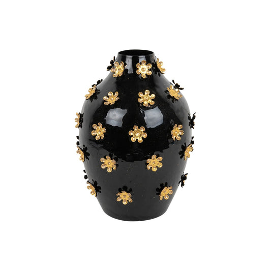 Vase décoratif en céramique noire avec embellissements dorés - 15 x 15 x 25